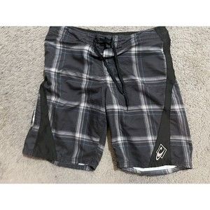 Oneill Board Shorts Men 34 Black Gray Plaid Surf Swim Trunks Pockets Draw String